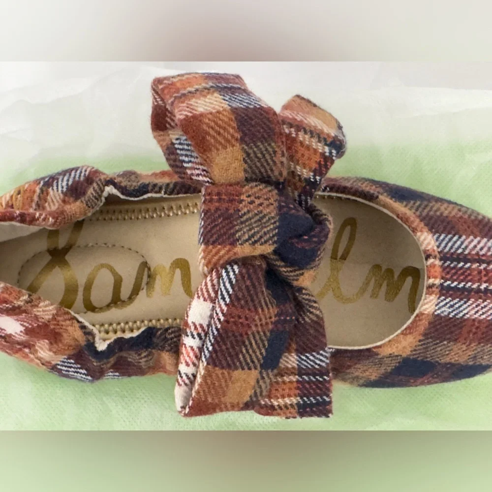 Sam Edelman Felicity Little Kid 3 Rust Plaid Multicolored Ballet Flats & Bow NWT